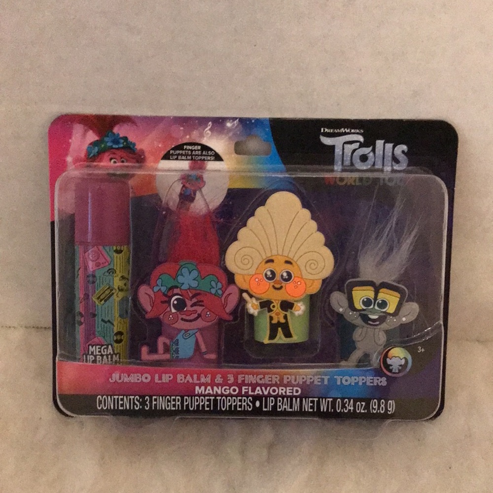Trolls jumbo lip balm & 3 finger puppet toppers